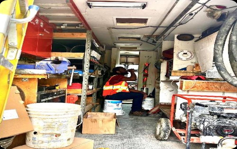 Interior of a traditional diesel-powered aqueduc work truck before electrification